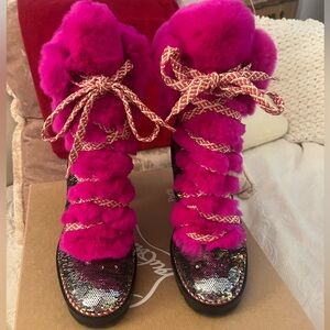 Christian Louboutin Fuchsia Sequin Fur Boots